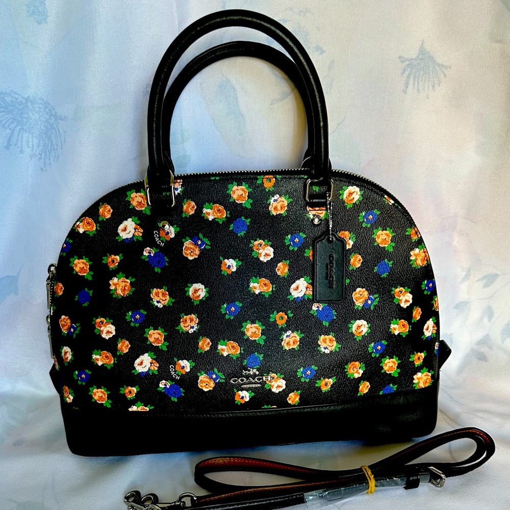 Coach Tea Rose Black Pink Floral Sierra Satchel Top Handle Crossbody Bag